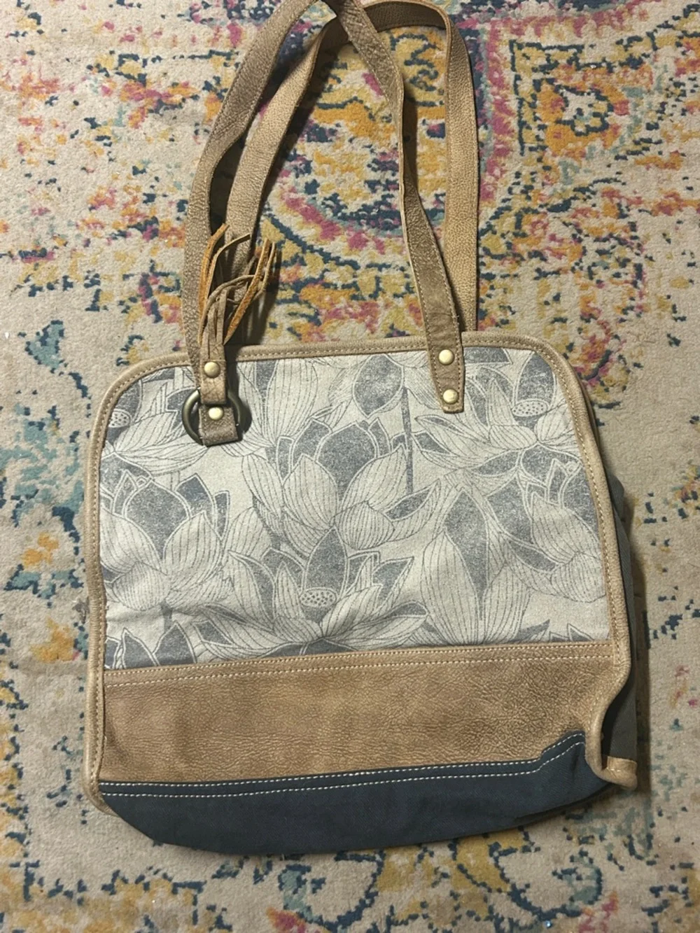 Floral Canvas Tote Bag with Tan & Blue Accents - Myra Bag‎